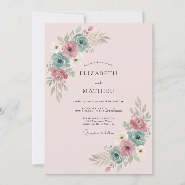 Blush Teal Dainty Floral Wedding Invitation (Front)