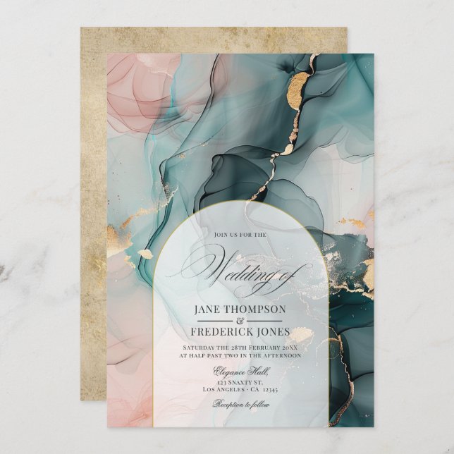 Blush & Teal Ink Swirls and Faux Gold Foil Wedding Invitation (Front/Back)
