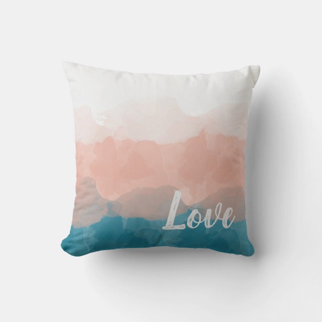 Blush Teal Love Watercolor Throw Pillow (Front)