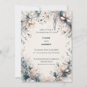 Blush Teal Magnolia Watercolor Wedding Invitation