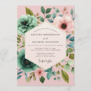 Blush Teal Painterly Flora Wedding Invitation