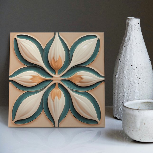 Blush Teal Tulips Symmetric Art Deco Ceramic Tile (Creator Uploaded)