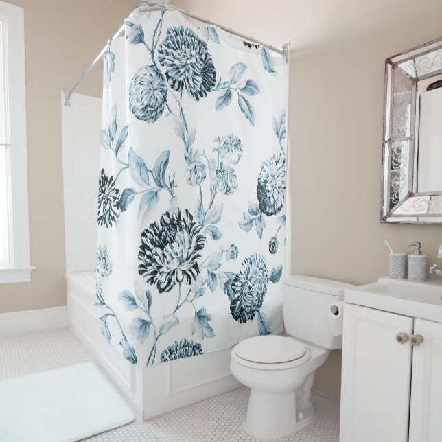 Blush Teal & White Botanical Floral Toile No.2 Shower Curtain (In Situ)