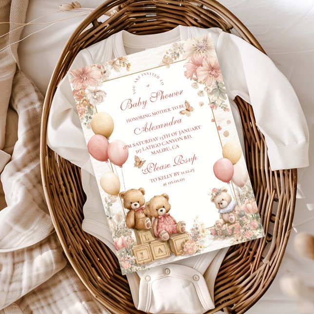 Blush Teddy Bear Baby Shower Invitation (Creator Uploaded)