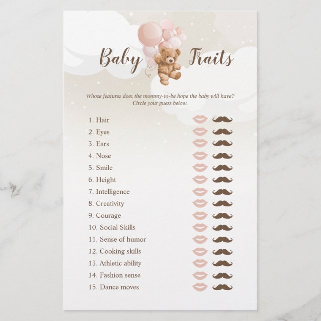 Blush Teddy Bear Baby Traits Game Flyer (Front)