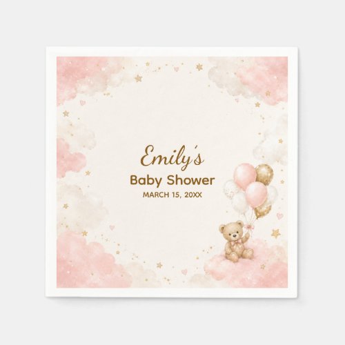 Blush Teddy Bear Balloon Baby Shower Paper Napkins