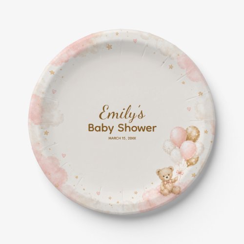 Blush Teddy Bear Balloon Baby Shower Paper Plates