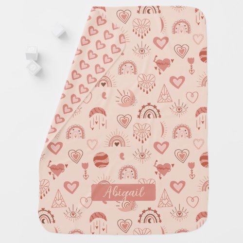 Blush  Terracotta Boho Heart Themed Pattern Name Baby Blanket