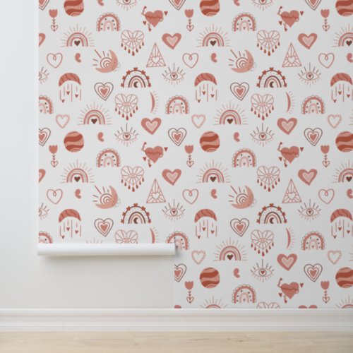 Blush  Terracotta Boho Heart Themed Pattern Wallpaper