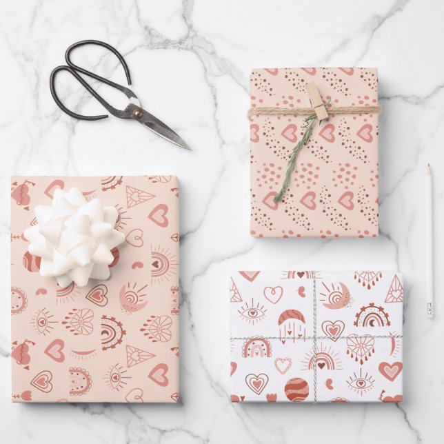 Blush | Terracotta Boho Heart Themed Pattern Wrapping Paper Sheets (Front)