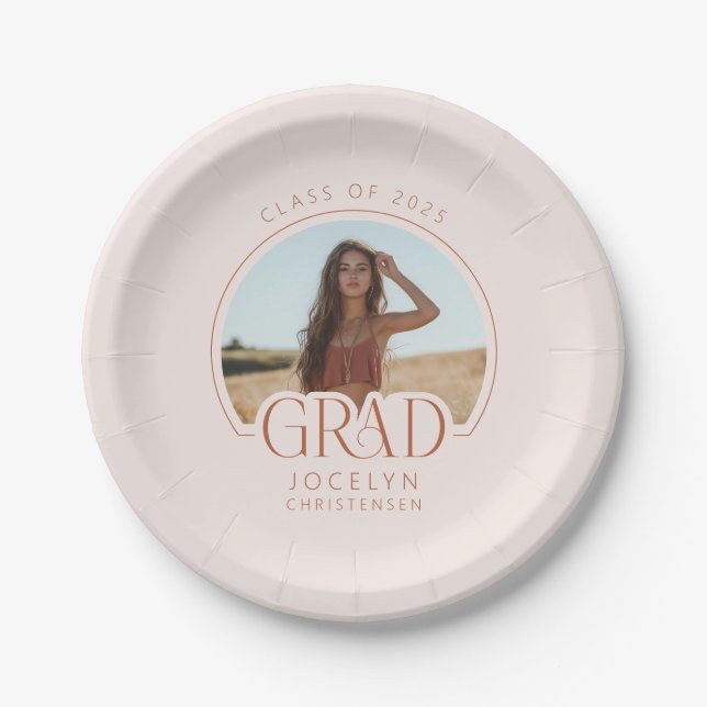 Blush Terracotta Personalized Photo Grad Party Paper Plates (Front)