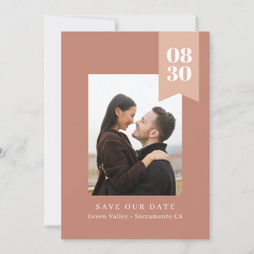 Blush Terracotta Simple Minimalist Ribbon Photo Save The Date