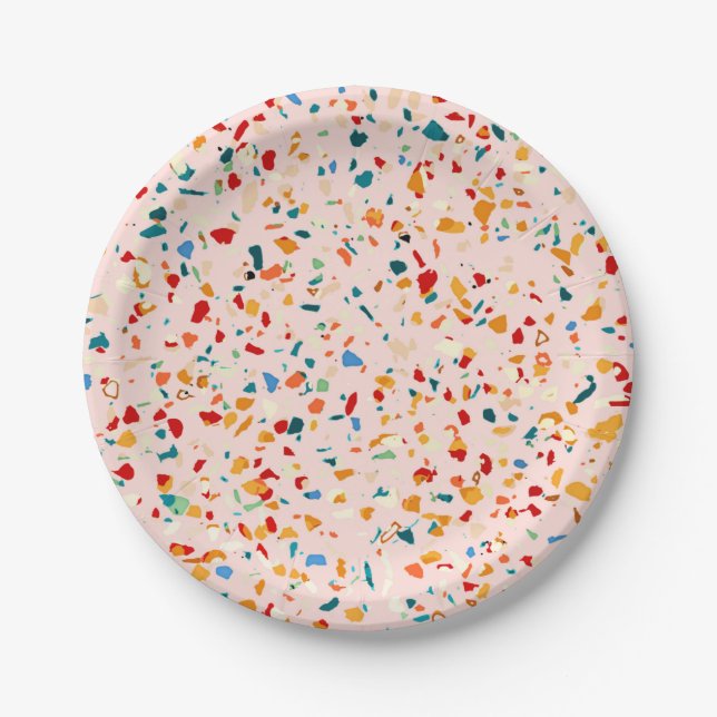 Blush Terrazzo | Pink Eclectic Speckles | Abstract Paper Plates (Front)