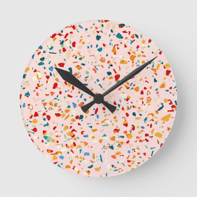 Blush Terrazzo | Pink Eclectic Speckles | Abstract Round Clock (Front)