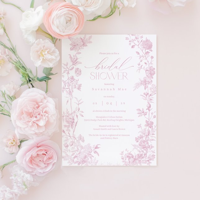 Blush Toile Bridal Shower Invite | Pink Floral Chi (Creator Uploaded)