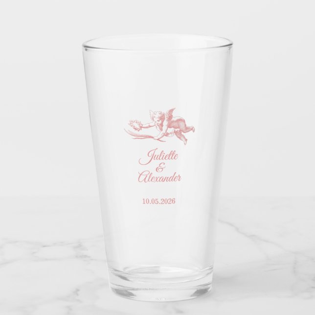 Blush Toile de Jouy Wedding Glass Cup with Cherub  (Front)