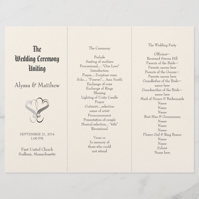 Blush Tri-Fold Two Hearts Wedding Program Template (Front)