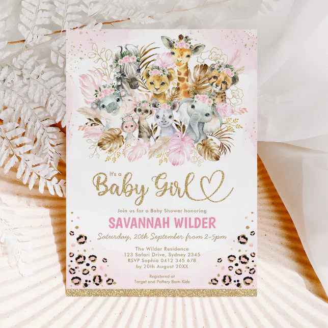 Blush Tropical Boho Safari Animals Baby Shower Inv Invitation | Zazzle