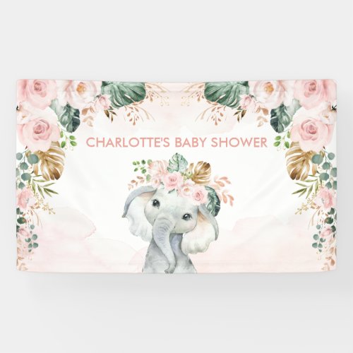 Blush Tropical Elephant Floral Greenery Baby Girl Banner