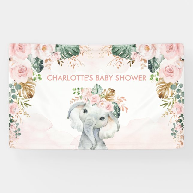 Blush Tropical Elephant Floral Greenery Baby Girl Banner (Horizontal)