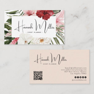 Blush Tropical Floral Palms QR Code Business Card