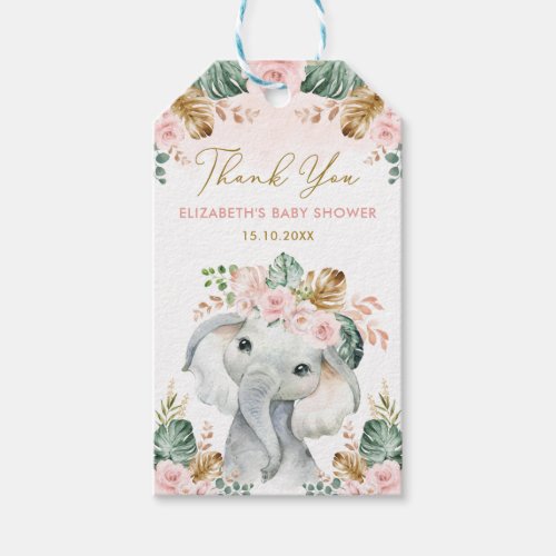 Blush Tropical Flower Elephant Girl Baby Shower Gift Tags