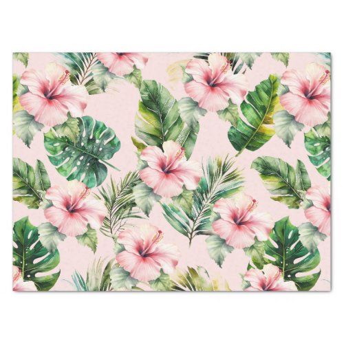 Blush Tropical Leaves Pink Hibiscus Flowers Tissue Paper