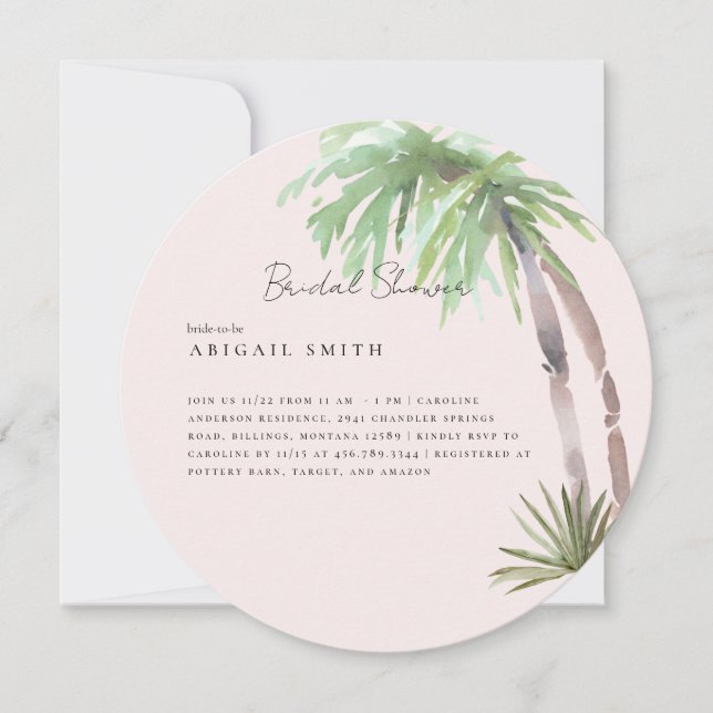 Blush Tropical Palm Foliage Round Bridal  Invitation (Front)