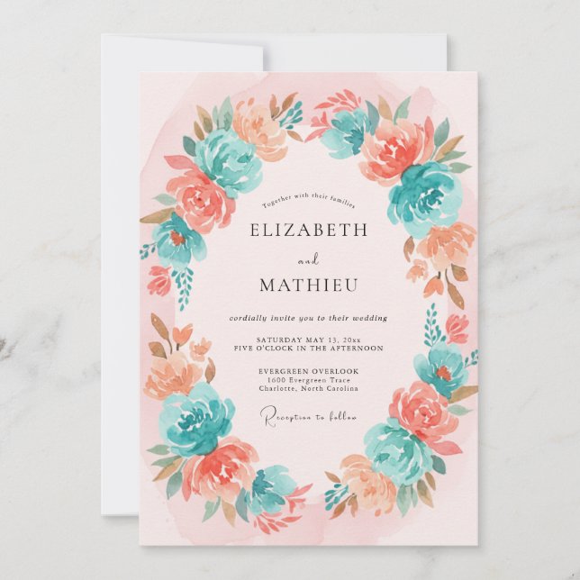 Blush Turquoise Watercolor Bohemian Wedding Invitation (Front)