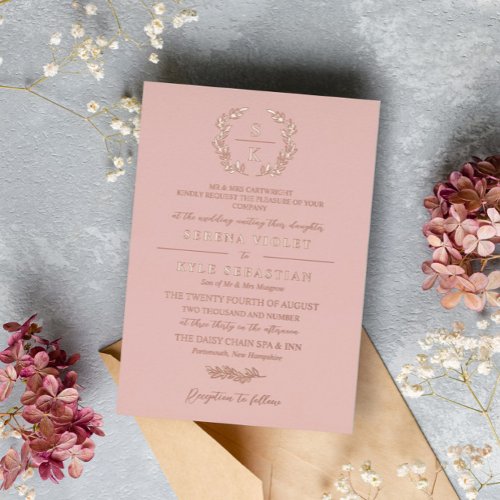 Blush Typography Laurel Wreath Monogram Wedding Foil Invitation