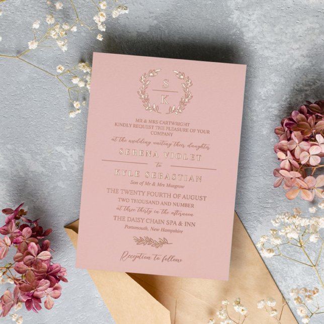 Blush Typography Laurel Wreath Monogram Wedding Foil Invitation (Creator Uploaded)