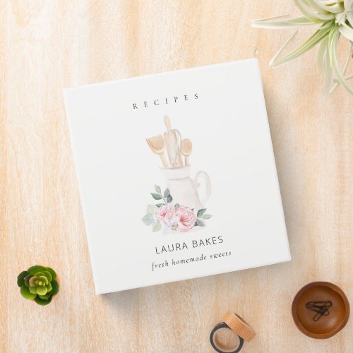 Blush Utensils Cookbook Floral Roller Whisk Recipe 3 Ring Binder