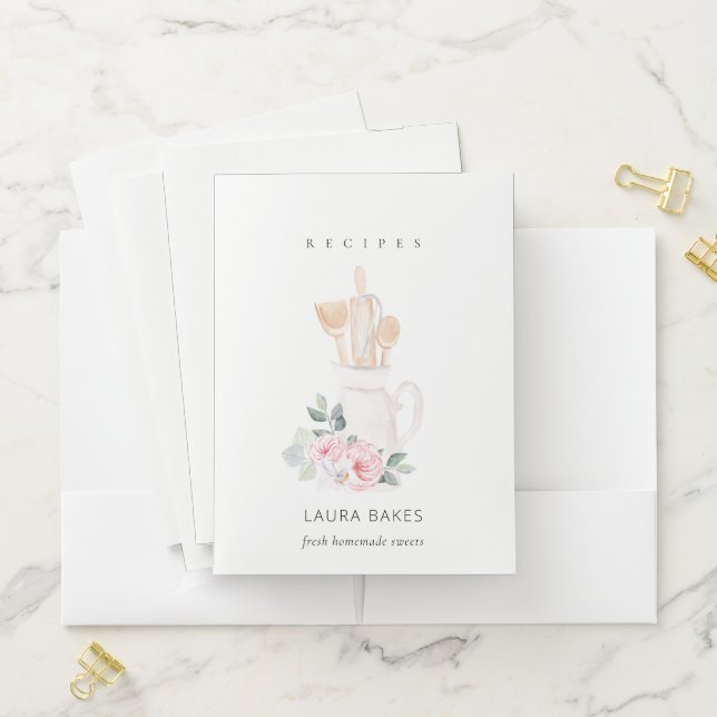Blush Utensils Cookbook Floral Roller Whisk Recipe Pocket Folder (In Situ)