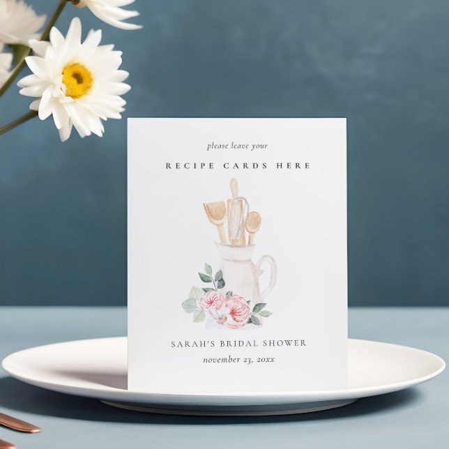 Blush Utensils Floral Recipe Card Bridal Shower Pedestal Sign