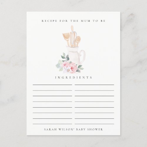 Blush Utensils Floral Recipe Request Baby Shower Postcard