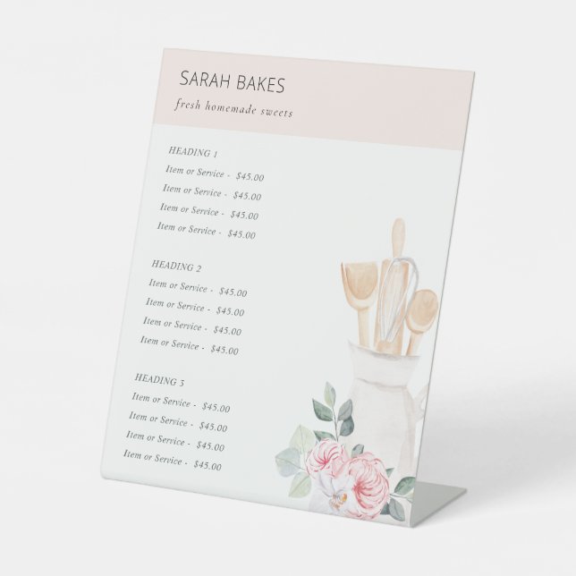 Blush Utensils Floral Whisk Bakery Service Price Pedestal Sign (Front)