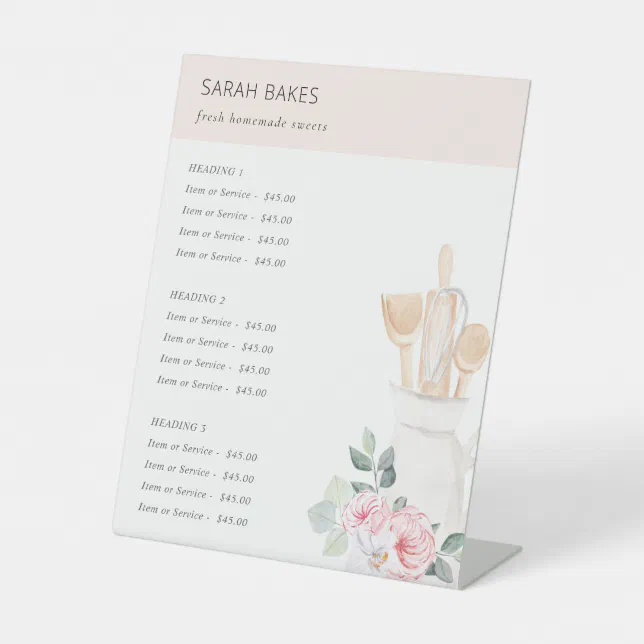 Blush Utensils Floral Whisk Bakery Service Price Pedestal Sign Zazzle