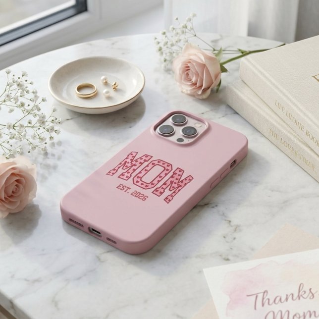 Blush Varsity Mom Est Year Heart Lettering Design iPhone Case (Creator Uploaded)