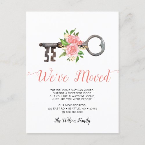 Blush Vintage Floral Key We Have Moved Moving  Announcement Postcard