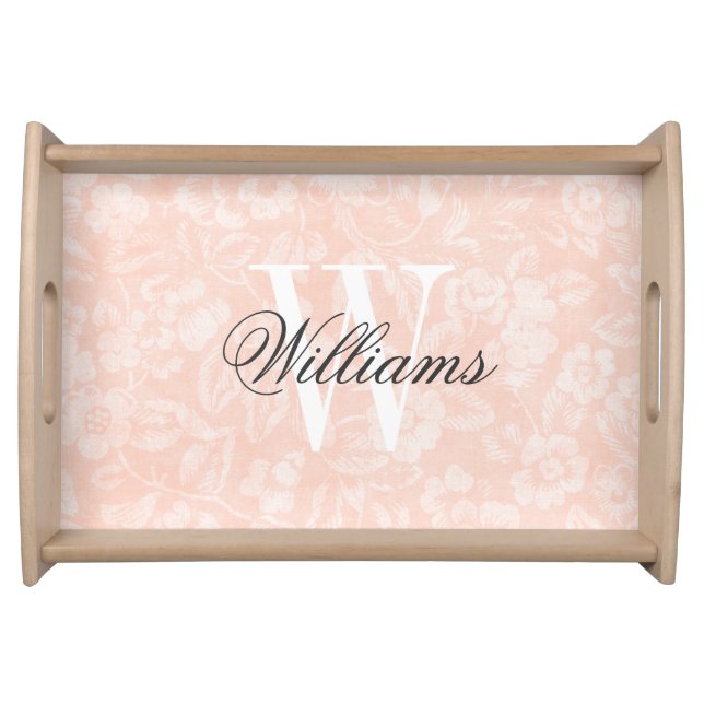 Blush Vintage Floral Print Monogram Serving Tray (Front)