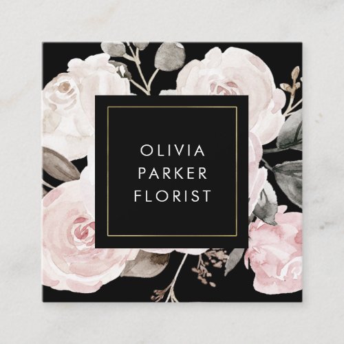 Blush Vintage Watercolor Roses on Black Square Business Card
