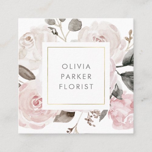 Blush Vintage Watercolor Roses on White Square Business Card