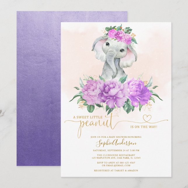Blush Violet Floral Greenery Elephant baby Shower Invitation (Front/Back)