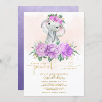 Blush Violet Floral Greenery Elephant baby Shower Invitation