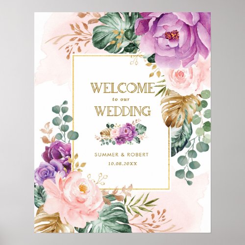 Blush Violet Tropical Floral Greenery Wedding Poster
