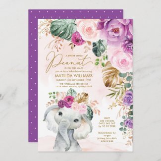 Pink and Purple Violet Baby Shower Invitation with Roses Flowers