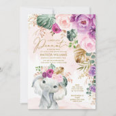 Blush Violet Tropical Greenery Elephant Baby Invitation (Front)