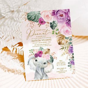 Blush Violet Tropical Greenery Elephant Baby Invitation