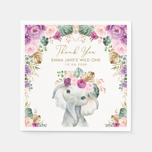 Blush Violet Tropical Jungle Elephant Wild One Napkins (Front)