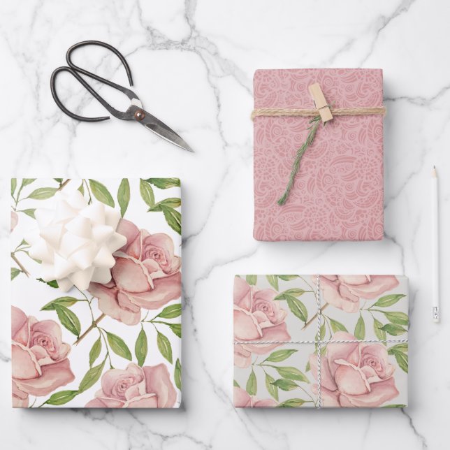 Blush Violet Watercolor Roses Wrapping Paper Sheets (Front)